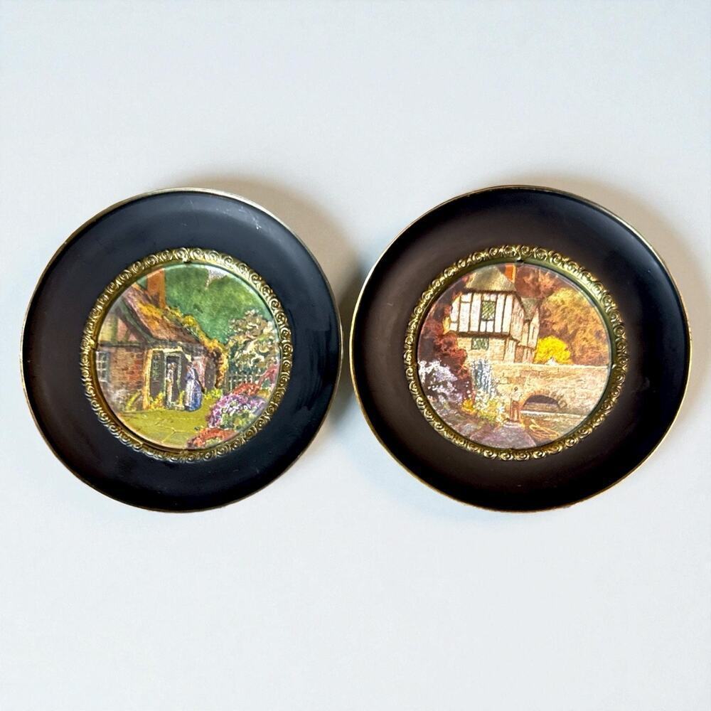 Vintage Foil Art Brass Wall Plates Black Trim Iridescent Cottage Scenes